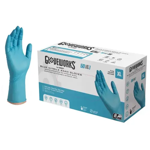 Non-Sterile Disposable Gloves, XL, Nitrile, Powder-Free, Blue, 300 mm L - pack of 50