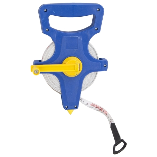 Tape Measure, 100 ft L Blade, Fiberglass Blade, ABS Plastic Case, Blue Case