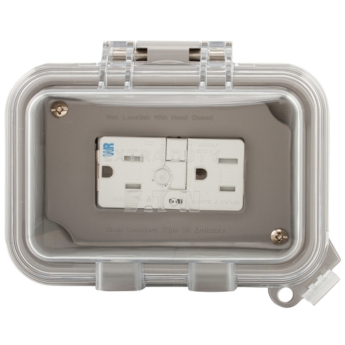 GFCI Outlet Box, 4-1/2 in L, 6 in W, Polycarbonate, Gray