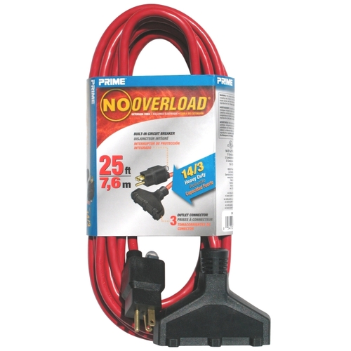 Prime CB614725 Extension Cord, 25 ft L, 15 A, 125 V, Red