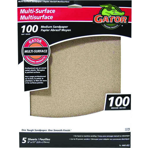 GATOR 4441-012 Sanding Sheet, 9 in L, 11 in W, 100 Grit, Medium, Aluminum Oxide Abrasive - pack of 5