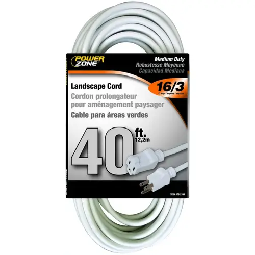 Extension Cord, 16 AWG Cable, 40 ft L, 13 A, 125 V, White