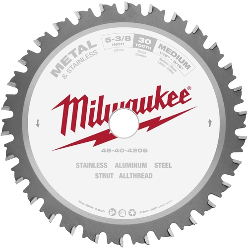 Milwaukee 48-40-4205 Circular Saw Blade, 5-3/8 in Dia, 5/8 in Arbor, 30-Teeth, Carbide Cutting Edge