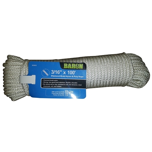 Rope, 3/16 in Dia, 100 ft L, 70 lb Working Load, Nylon, White