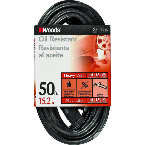 Extension Cord, 14 AWG Cable, 50 ft L, 15 A, 125 V, Black
