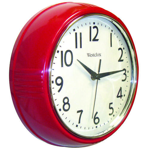 Classic 1950 Series Clock, Round, Red Frame, Plastic Clock Face, Analog