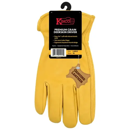 Driver Gloves, Men's, L, Keystone Thumb, Easy-On Cuff, Deerskin Leather, Gold Pair