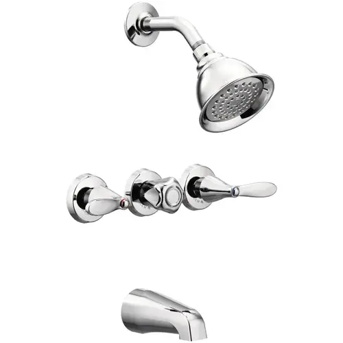 Tub/Shower Faucet, 1.75 gpm Showerhead, 3-Handle, Metal, Chrome Plated