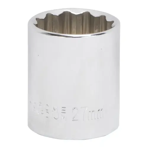Drive Socket, 27 mm Socket, 1/2 in Drive, 12-Point, Chrome Vanadium Steel, Chrome Silver