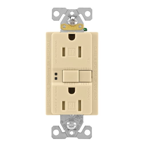 GFCI Duplex Receptacle, 2 -Pole, 15 A, 125 V, Back, Side Wiring, NEMA: 5-15R Ivory