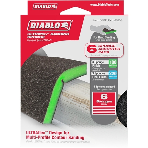 Diablo DFPFLEXUMF06G ULTRAflex Sanding Sponge Assortment, 5 in L, 4 in W, 180, 220 Grit, Micro-Fine, Ultra-Fine
