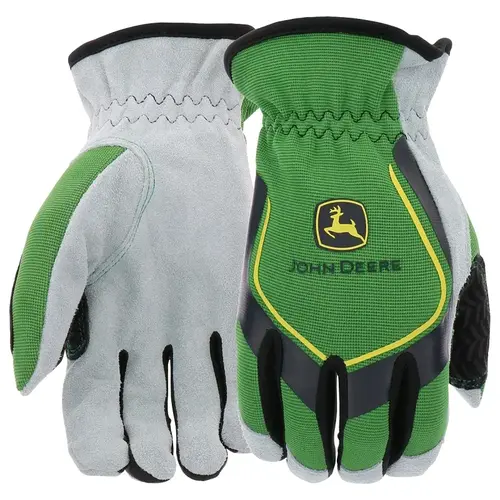 John Deere JD00035-L All-Purpose Gloves, Men's, L, Reinforced Thumb, Slip-On Cuff, Cowhide Leather/Spandex Pair Black/Gray/Green