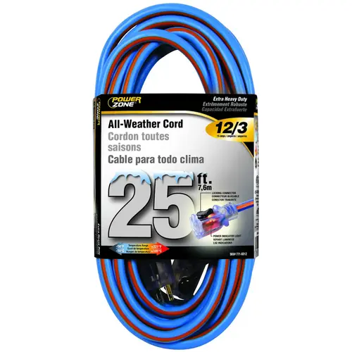 Extension Cord, 12 AWG Cable, 5-15P Grounded Plug, 5-15R Grounded Receptacle, 50 ft L, 15 A, 125 V