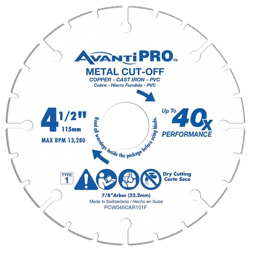 Avanti Pro PCW045CAR101F Cut-Off Wheel, 4-1/2 in Dia, 7/8 in Arbor, Carbide Abrasive