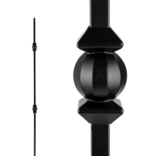 Double Ball and Sphere Stair Baluster, 44 in H, 1/2 in W, Square, Steel, Black