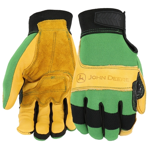 John Deere Gloves, Men's, L, Reinforced Thumb, Hook and Loop Cuff, Spandex Back, Green/Yellow