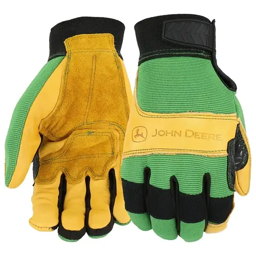 West Chester JD00009-L John Deere Gloves, Men's, L, Reinforced Thumb, Hook and Loop Cuff, Spandex Back, Green/Yellow Pair