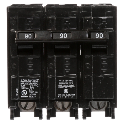 Siemens Q390 Circuit Breaker, Low Voltage, Mini, 90 A, 3 -Pole, 240 VAC, Common Trip, Plug Mounting