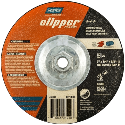 Norton 70184601510 Clipper Classic A AO Series Grinding Wheel, 7 in Dia, 1/4 in Thick, 5/8-11 Arbor