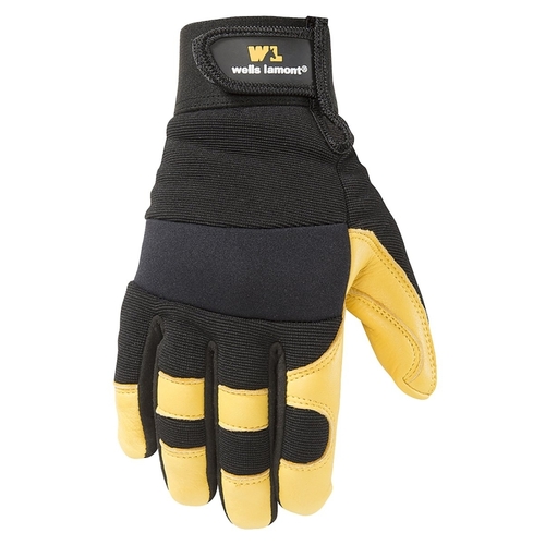 Wells Lamont 3210L 3210-L Adjustable Work Gloves, Men's, L, Spandex Back, Black/Gold/Yellow Pair