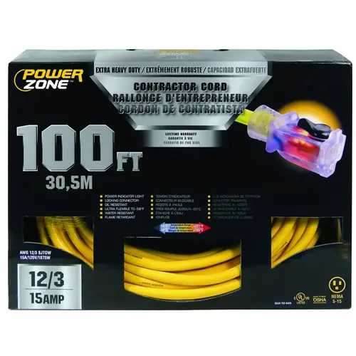 Contractor Cord, 12 AWG Cable, 100 ft L, 15 A, 125 V, Yellow