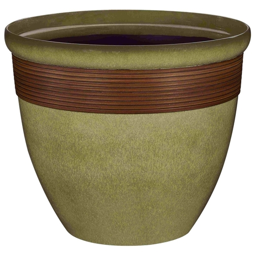 Tall Wave Planter, 15 in Dia, Round, Resin, Olive Green with Wood Accent