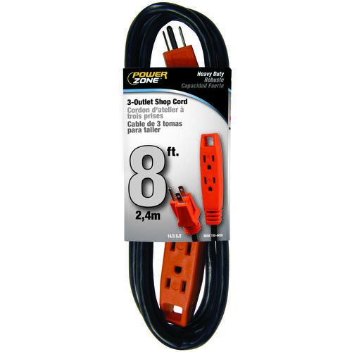 Extension Cord, 8 ft L, Grounded Plug, 3 -Outlet, Receptacle Outlet, 15 A, 125 V