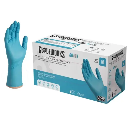 Non-Sterile Disposable Gloves, M, Nitrile, Powder-Free, Blue, 300 mm L - pack of 50