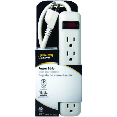 Power Outlet Strip, Straight Plug, 6 -Socket, 15 A, 125 V