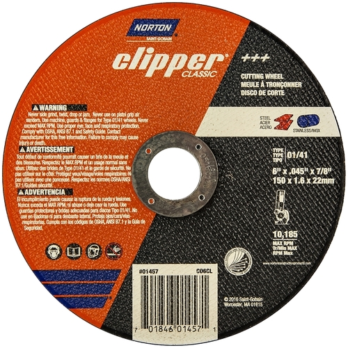 Norton 70184601457 Clipper Classic A AO Series Cut-off Wheel, 6 in Dia, 0.045 in Thick, 7/8 in Arbor