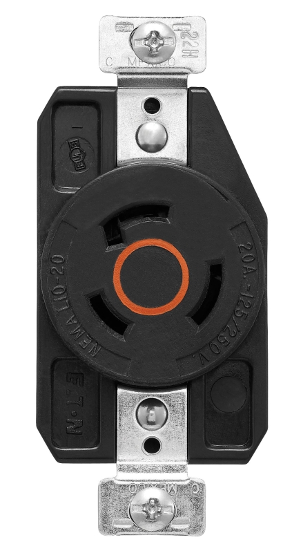 Arrow Hart AHCL1020R Locking Single Receptacle, 3 -Pole, 125/250 VAC, 20 A, Back and Side Wiring, NEMA: NEMA L10-20 Black/Orange