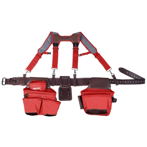 Suspension Rig Tool Belt, 52 in Waist, Leather, Red, 19-Pocket