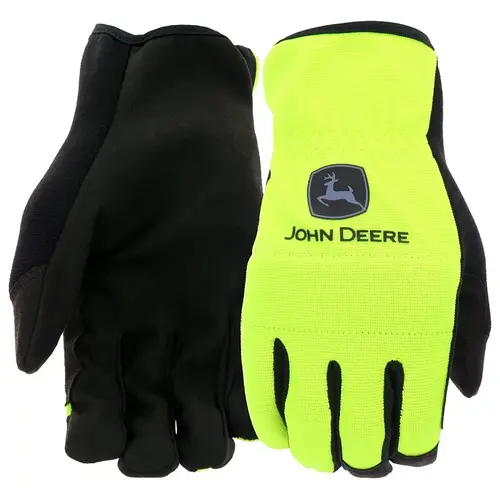 John Deere JD86018-L High-Dexterity Work Gloves, Men's, L, Reinforced Thumb, Shirred Cuff, Spandex/Synthetic Leather Pair Black/Yellow