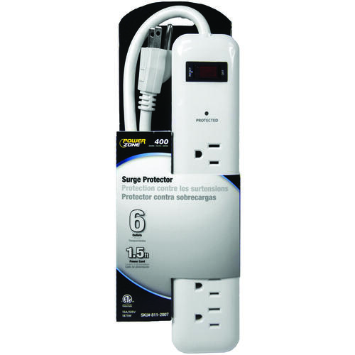 Surge Protector Power Strip, 125 V, 15 A, White