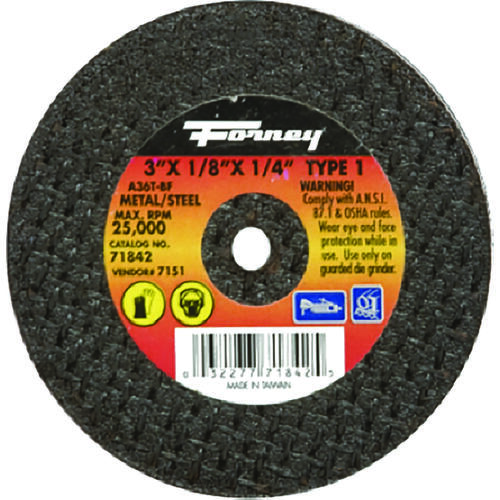 Cut-Off Wheel, 3 in Dia, 1/8 in Thick, 1/4 in Arbor, 36 Grit, Medium, Aluminum Oxide Abrasive