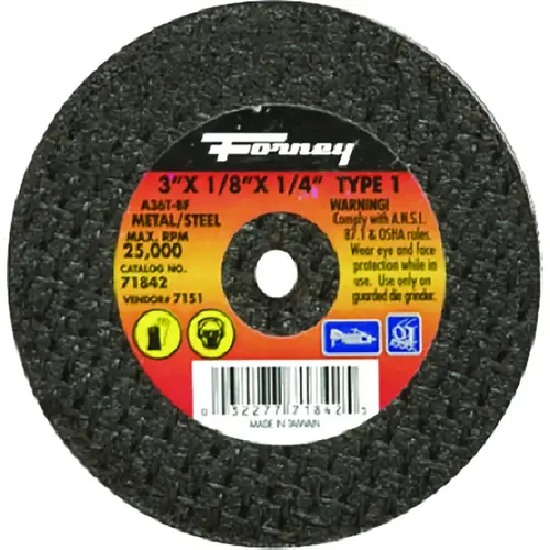 Cut-Off Wheel, 3 in Dia, 1/8 in Thick, 1/4 in Arbor, 36 Grit, Medium, Aluminum Oxide Abrasive