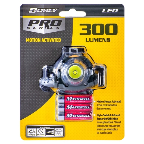 Dorcy 41-2104 Motion Sensor Headlamp, AAA Battery, Alkaline Battery, LED Lamp, 65 Low, 200 High Lumens, Green