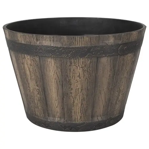 Barrel Planter, 14-3/4 in Dia, Round, Whiskey Barrel Design, Resin, Weathered Oak