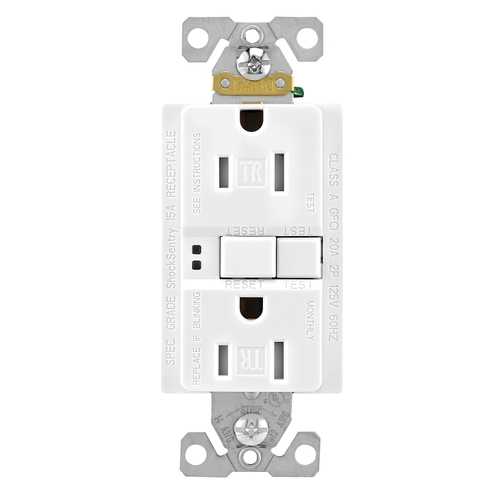 GFCI Duplex Receptacle, 2 -Pole, 15 A, 125 V, Back, Side Wiring, NEMA: 5-15R White