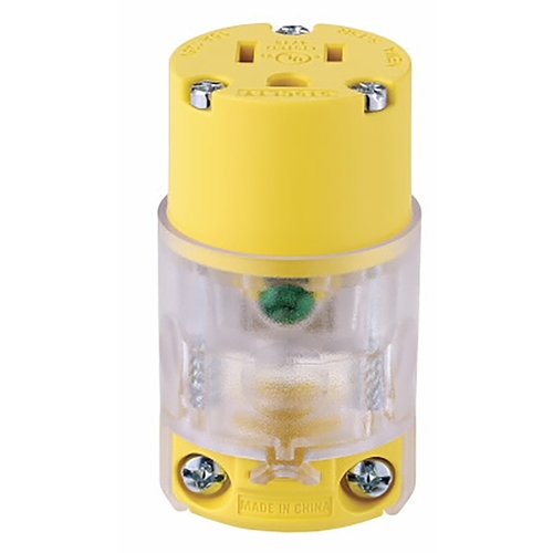 Lighted Connector, 2-Pole, 15 A, 125 VAC, Screw, NEMA: 5-20R, Yellow