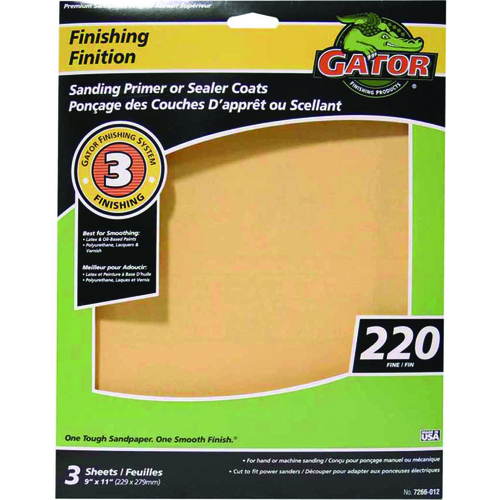 GATOR 7266-012 Sanding Sheet, 11 in L, 9 in W, 220 Grit, Aluminum Oxide Abrasive - pack of 3