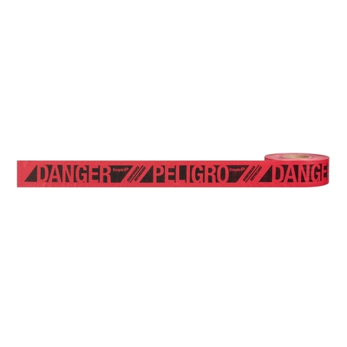 Barricade Tape, 500 ft L, 3 in W, Danger/Peligro, Red Background