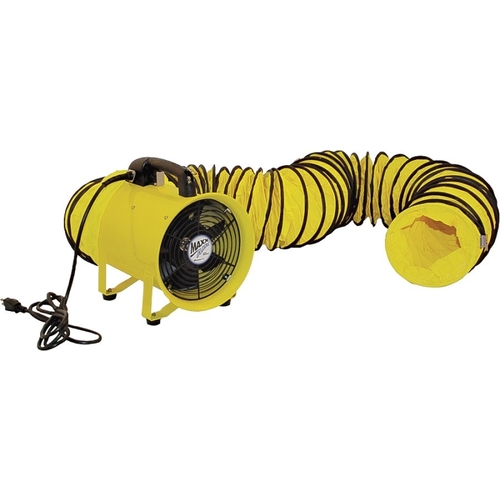 MaxxAir HVHF 12COMBO Confined Space Ventilator and Polyvinyl Hose, 120 V, 2000 cfm Air, Steel, Industrial Yellow