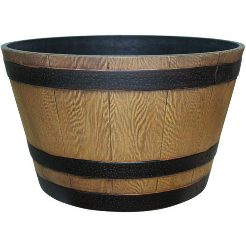 Planter, 15.4 in W, 9.1 in D, Round, Whiskey Barrel Design, Plastic, Natural Oak