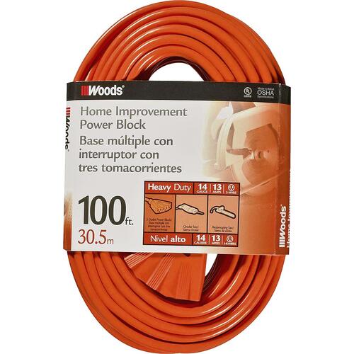 Woods 0827 Extension Cord, 14 AWG Cable, 100 ft L, 13 A, 125 V, Orange