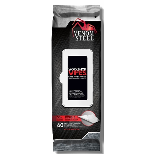 VENOM STEEL VENWP60 Workshop Wipe with Scrubbing Beads, 8 in L, 12 in W, Citrus - pack of 60