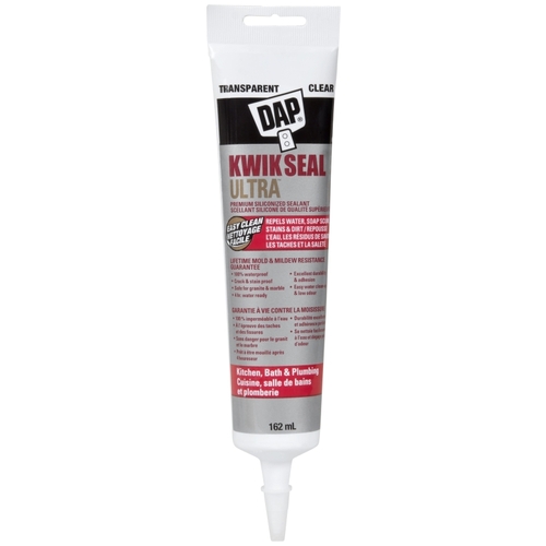 DAP 74824 KWIK SEAL ULTRA Premium Kitchen and Bath Sealant, Clear, 4 hr Curing, 40 to 100 deg F, 162 mL Tube