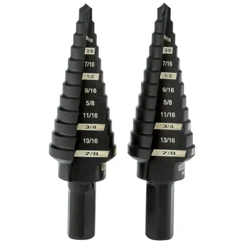 Step Drill Bit, 3/16 to 7/8 in Dia, 2-Flute, 3/8 in Dia Shank, 3-Flat Shank Black Oxide - pack of 2