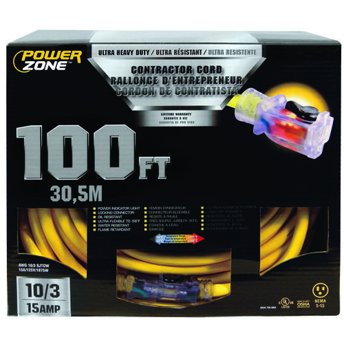 Contractor Cord, 10 AWG Cable, 100 ft L, 15 A, 125 V, Yellow