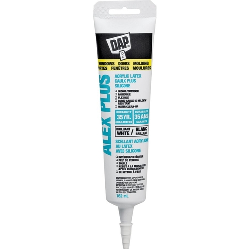 DAP 74852 ALEX PLUS 74225 Acrylic Latex Caulk Plus Silicone, White, 40 to 100 deg F, 162 mL Squeeze Tube